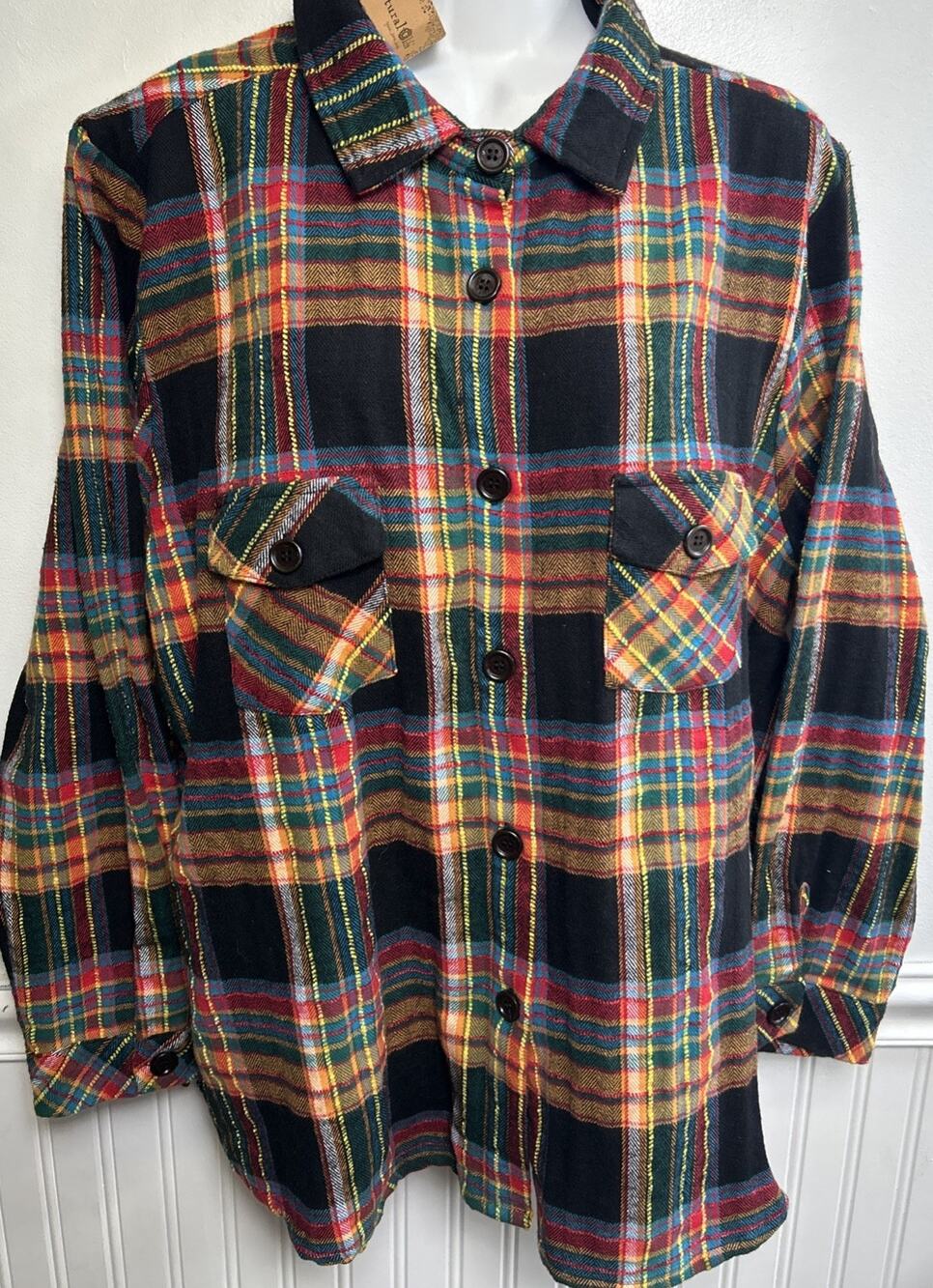 Natural Life Women’s L Plaid Flannel Shirt 100% Cotton Button Down Fall Shacket